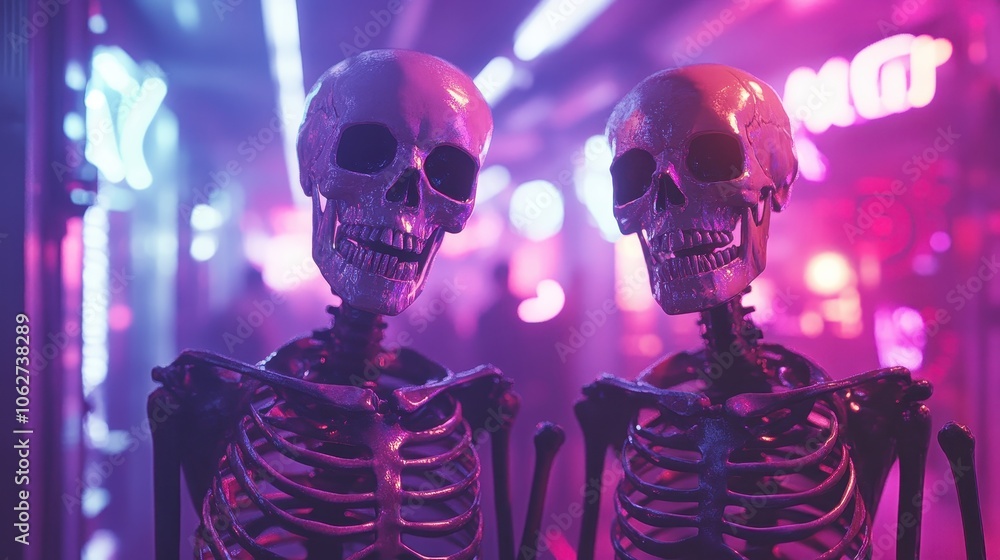 Poster surreal halloween party scene with neon lights and skeletons. generative ai image