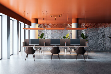 Modern office interior with workstations and natural light. 3D Rendering