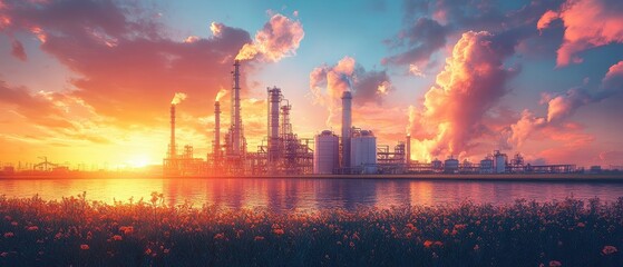Bright industrial sugar factory, pristine silos, expansive fields, modern design, serene atmosphere, no people present