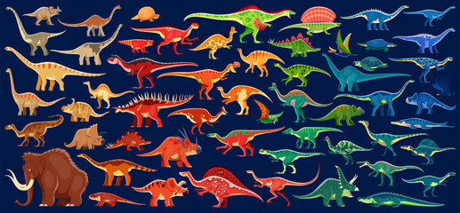 Dinosaurs infographics, prehistoric dino species vector set. Cartoon ancient reptiles from Jurassic era. Terrestrial carnivores, omnivores, herbivores and mammoth with marine reptiles and pterosaurs © Vector Tradition