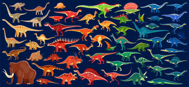 Dinosaurs infographics, prehistoric dino species vector set. Cartoon ancient reptiles from Jurassic era. Terrestrial carnivores, omnivores, herbivores and mammoth with marine reptiles and pterosaurs