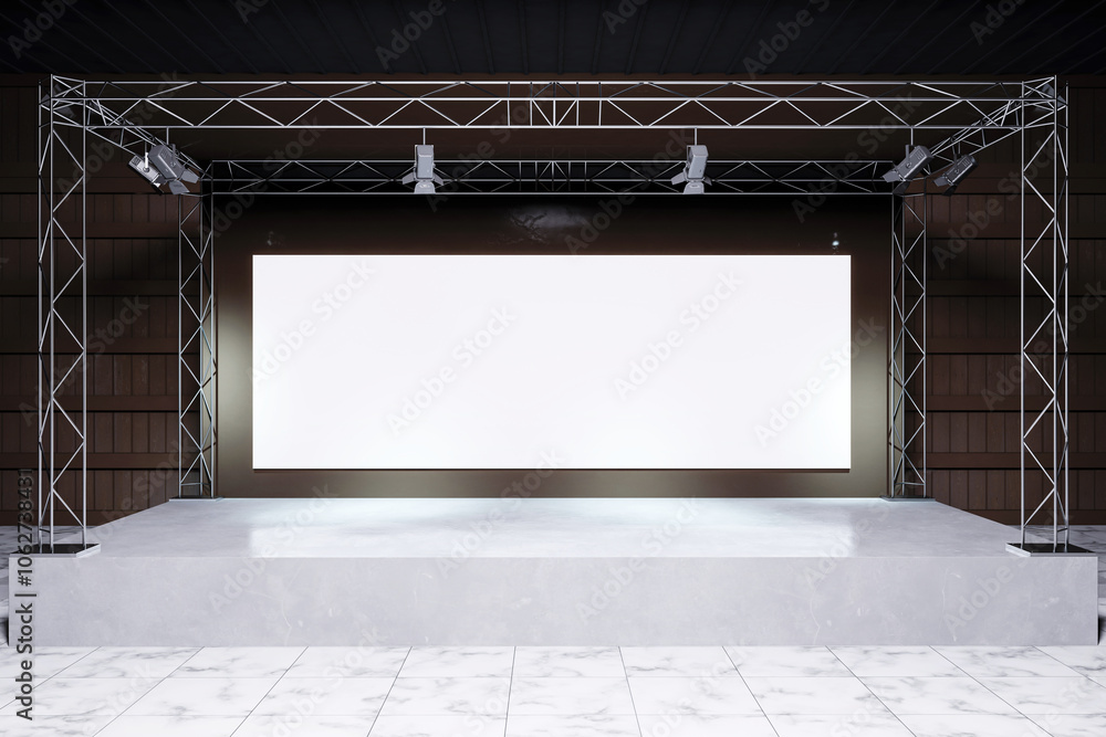 Poster Empty Stage with Truss and Screen Setup for Events. 3D Rendering