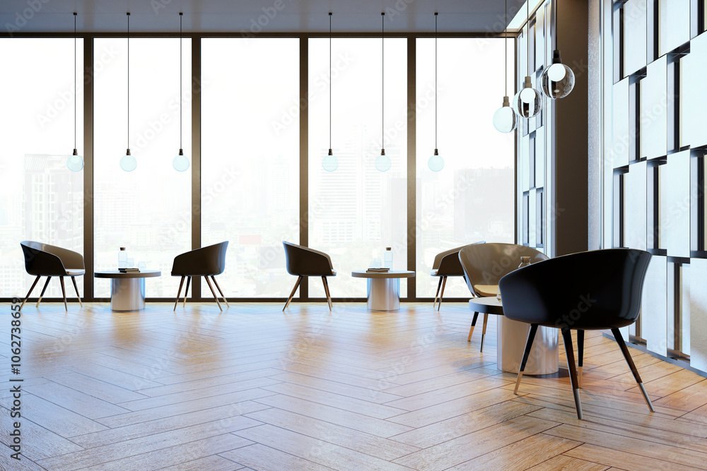 Poster modern office waiting area with stylish chairs and large windows. 3d rendering