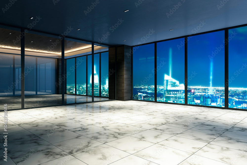Poster modern empty room with city night view through large windows. 3d rendering