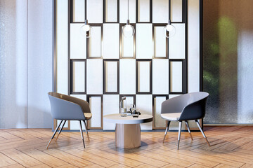 Modern office waiting area with stylish furniture and decor. 3D Rendering