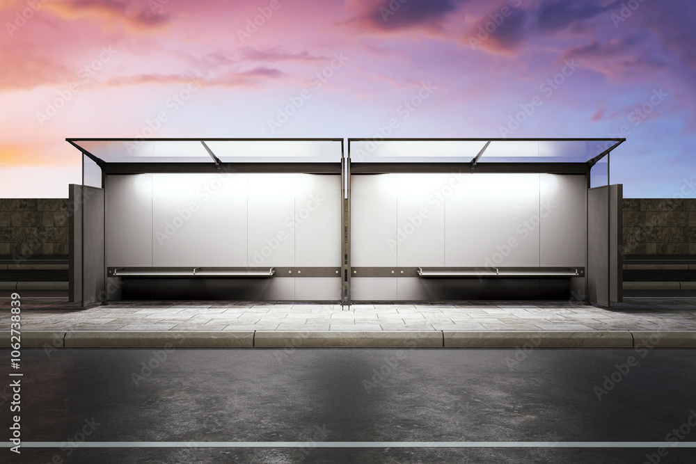 Poster modern bus stop mockup at dusk. 3d rendering