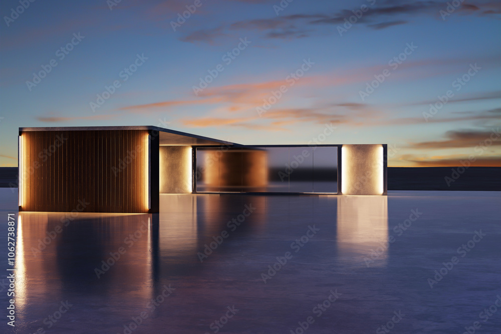 Poster modern architecture at dusk with reflections. 3d rendering