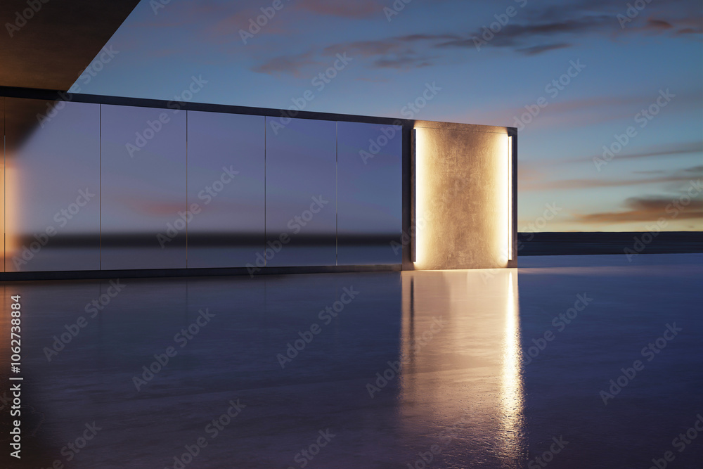 Poster Modern Architectural Evening Scene with Reflections. 3D Rendering