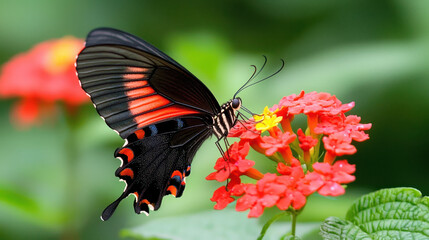 butterfly with open wings perched on vibrant flower, showcasing its striking colors against soft, blurred background. scene evokes sense of tranquility and beauty