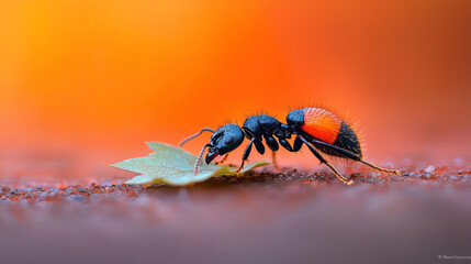Close up of ant carrying leaf in soft, colorful background. vibrant colors enhance intricate details of ant body and its delicate task