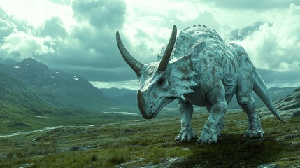 Obraz premium Prehistoric Triceratops Dinosaur in Mountainous Landscape