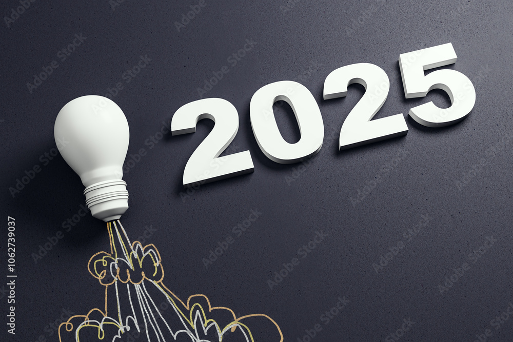 Poster Lightbulb taking off with a rocket-like trail below the year 2025 on a gray background, concept of futuristic ideas and innovation. 3D Rendering