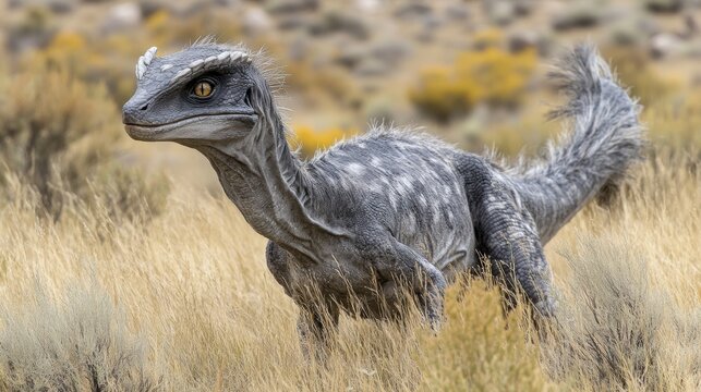 Small Feathered Dinosaur in Grassland   Prehistoric Wildlife  Jurassic Era  Extinct Animal