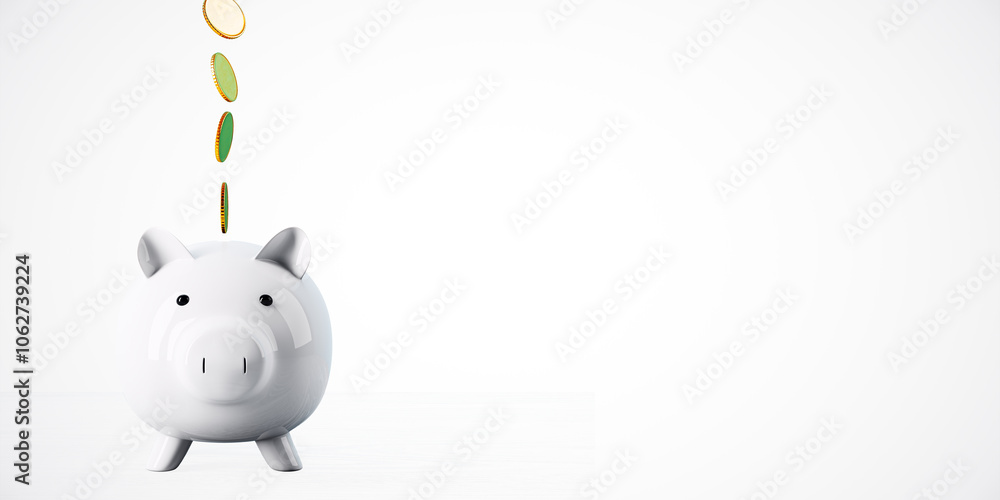 Poster Piggy bank with coins falling. 3D Rendering