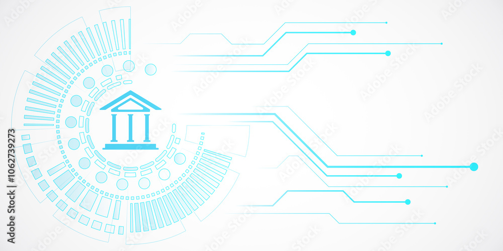 Poster Abstract graphic design with bank icon and digital circuit elements. 3D Rendering