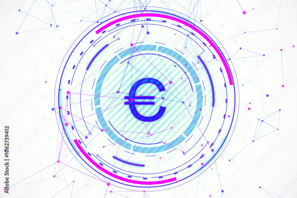 Poster Abstract currency symbol design with digital connections and geometric shapes. 3D Rendering