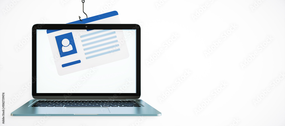 Poster Laptop displaying a document being pulled by a hook. 3D Rendering