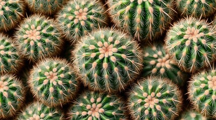 A close-up view of numerous round cacti, showcasing vibrant green skin and distinct spines.