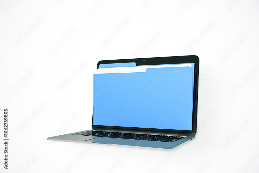 Poster laptop with blue folder on screen. 3d rendering