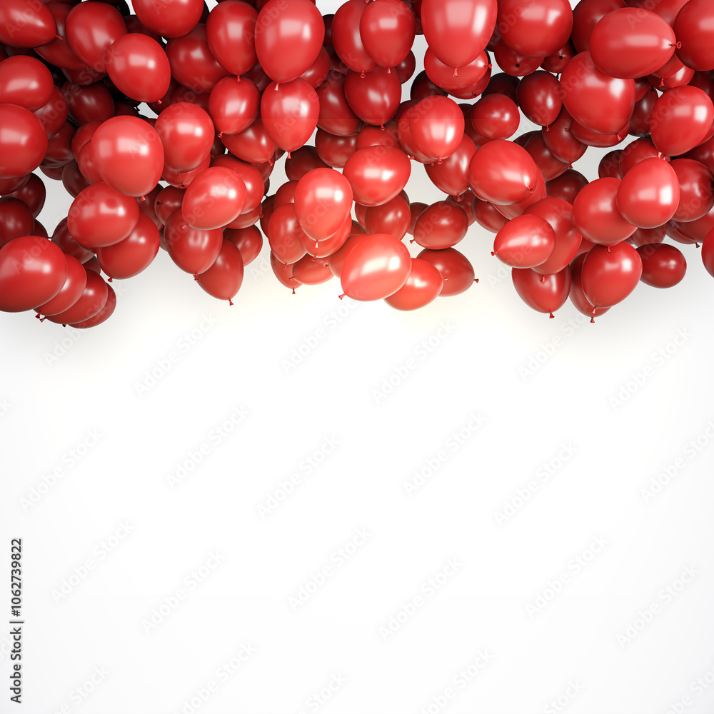 Poster Red balloons floating on a white background. 3D Rendering