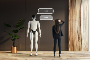 Robot and businesswoman interacting in a modern office environment with chat bubbles above.