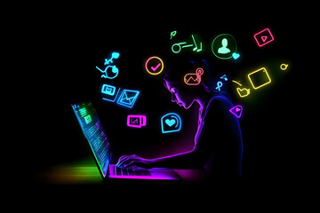 Neon silhouette of person typing on laptop with social media icons isolated on black background.