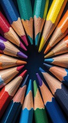 Fototapeta premium Vibrant pencils arranged in a circle, embodying collaboration and creativity, highlighting the importance of teamwork and artistic expression