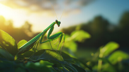 vibrant green praying mantis perched on lush green leaves, illuminated by warm sunlight, creating striking contrast with soft shadows
