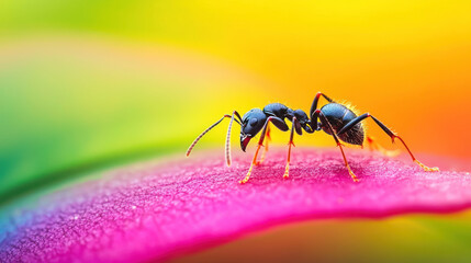 Naklejka premium close up of ant walking across brightly colored leaf, showcasing vibrant hues and intricate details. image captures delicate beauty of nature