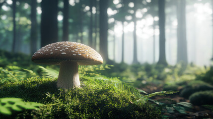 Fototapeta premium single mushroom emerges from lush green moss in serene forest, surrounded by tall trees and soft light filtering through foliage, creating tranquil atmosphere