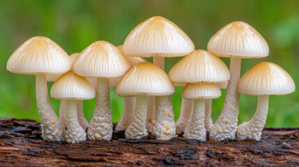 Tiny mushrooms growing on fallen log, showcasing delicate details and natural beauty. This serene scene captures essence of nature wonders
