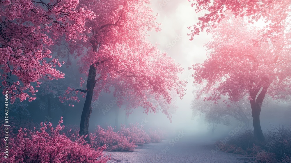 Poster a dreamy forest scene with pink blossom trees and a soft mist creating a serene atmosphere.