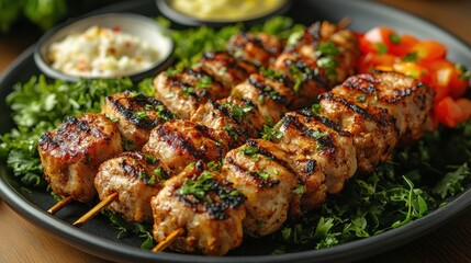 Turkish kebab with vibrant greens, elegantly presented, textures enhanced by soft light, inviting and appetizing appearance