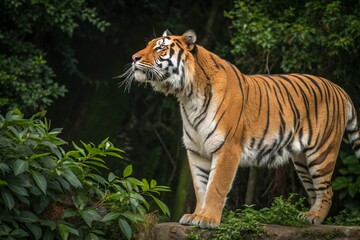 Obraz premium beautiful bengal tiger with lush green habitat background 