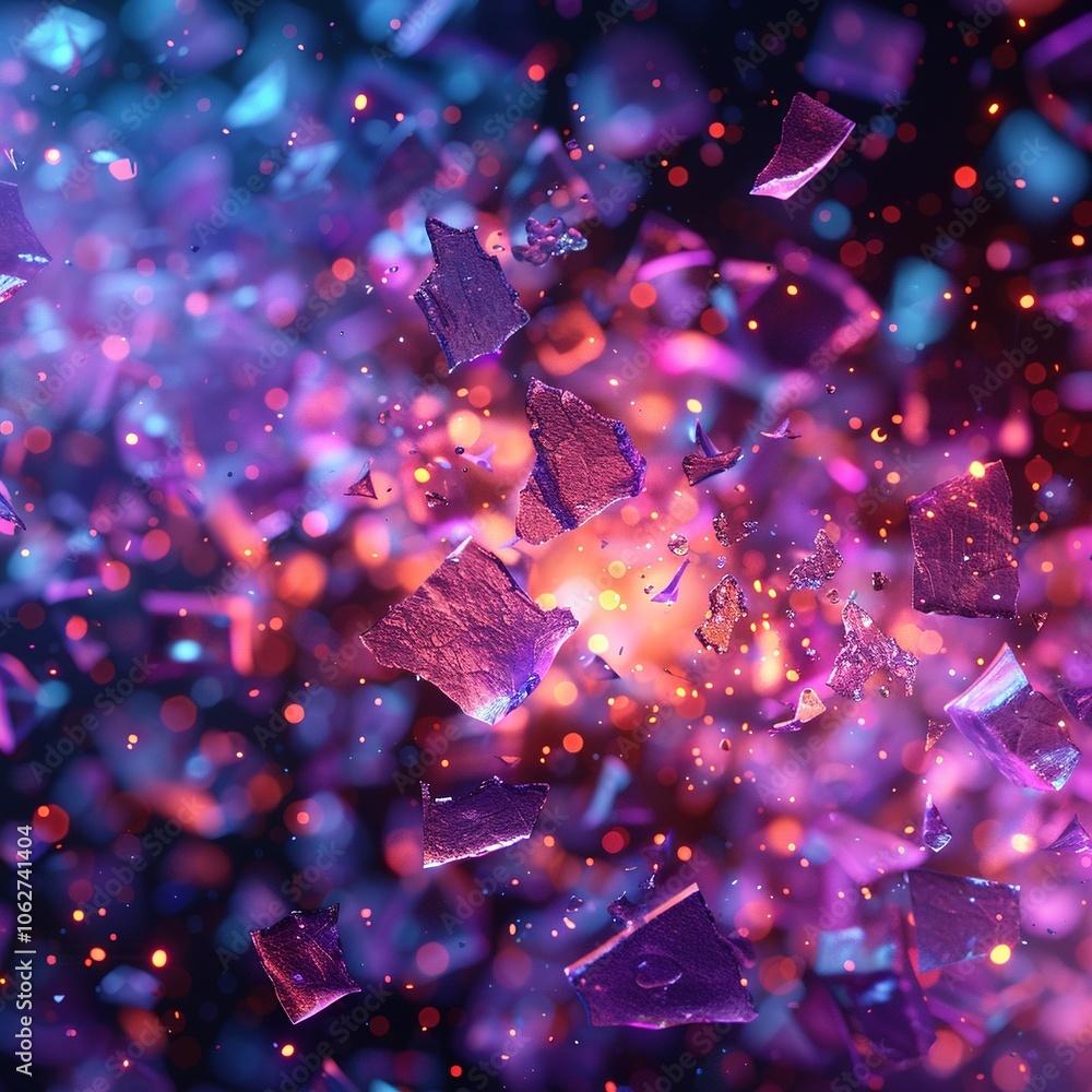 Poster a vibrant explosion of colorful shards and particles in a dynamic abstract composition.
