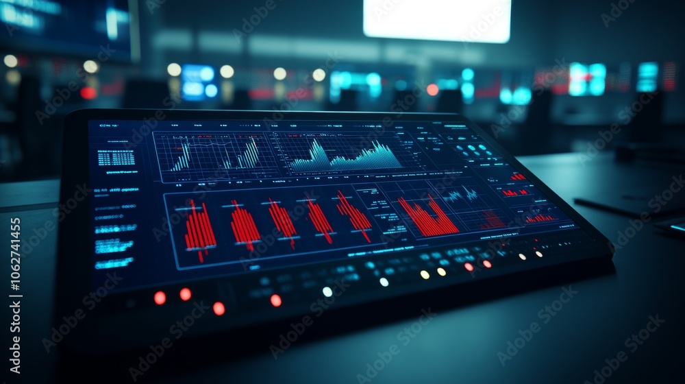 Poster futuristic control panel with red and blue data visualization