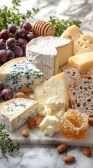 A Selection of Cheeses, Grapes, Honeycomb, Almonds, and Bread on a Marble Slab