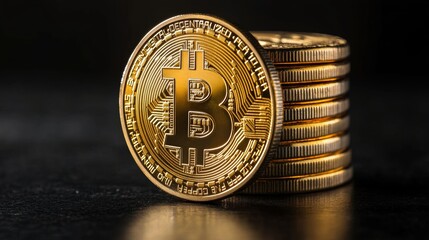 Stack of Bitcoin Cryptocurrency Coins on Black Background