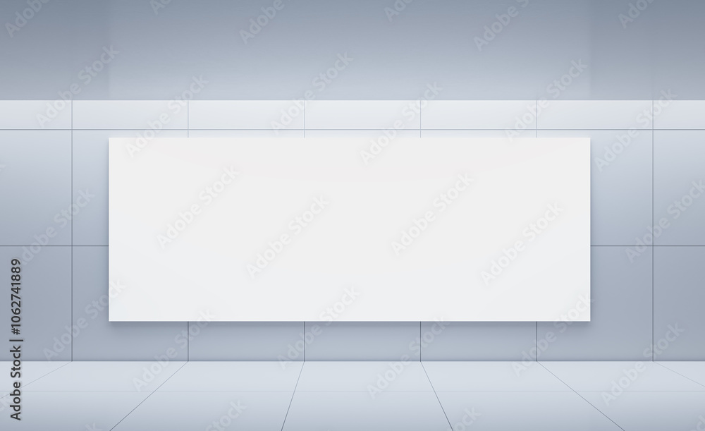 Poster Blank canvas on tiled wall in modern empty room with light tiles. 3D Rendering