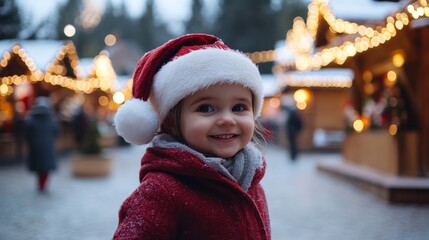 Joyful Polish Child in a Winter Village adorned with Festive Lights, Charmed by Santa's Cheerful Demeanor