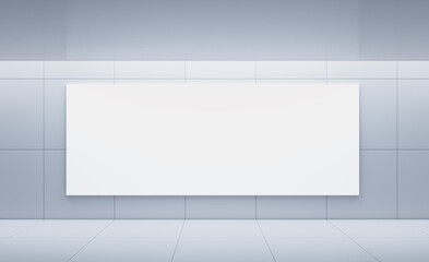 Blank canvas on tiled wall in modern empty room with light tiles. 3D Rendering