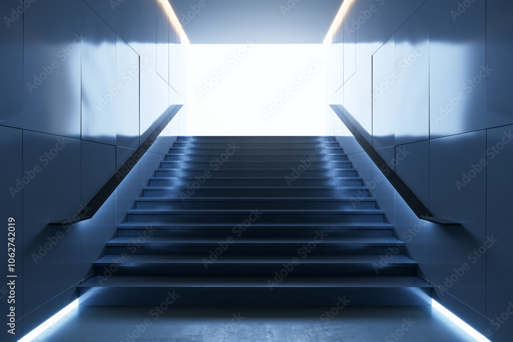 Poster stairs leading upward in a modern subway setting. 3d rendering