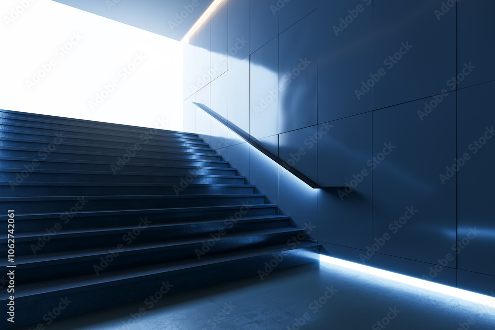 Poster stairs leading upwards in a subway with bright light illuminating the space. 3d rendering