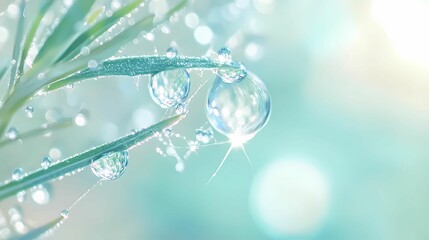Fototapeta premium A detailed macro shot of a delicate spiderweb covered in glistening raindrops. Each droplet clings to the web’s strands, catching and reflecting the light like tiny jewels. The background is blurred i