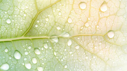 Obraz premium A macro shot of a vibrant green leaf covered in tiny dewdrops, each drop reflecting light like tiny prisms. The intricate network of veins on the leaf is sharply detailed, with textures that appear al