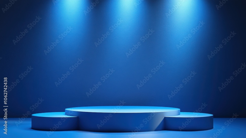 Poster background with blue podium. product platform display stands with soft light. 3d stage. empty pedest