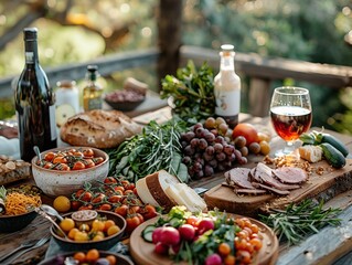 Obraz premium A vibrant outdoor feast featuring fresh produce, meats, and drinks on a wooden table.