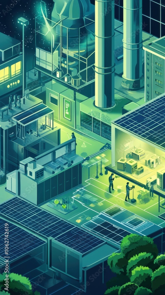 Poster a futuristic tech lab where engineers are working on green energy solutions