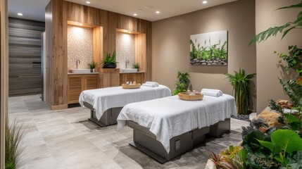Fototapeta premium Two massage tables in a spa setting.