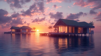 Obraz premium Overwater bungalows under a picturesque sunset sky. Generative AI image